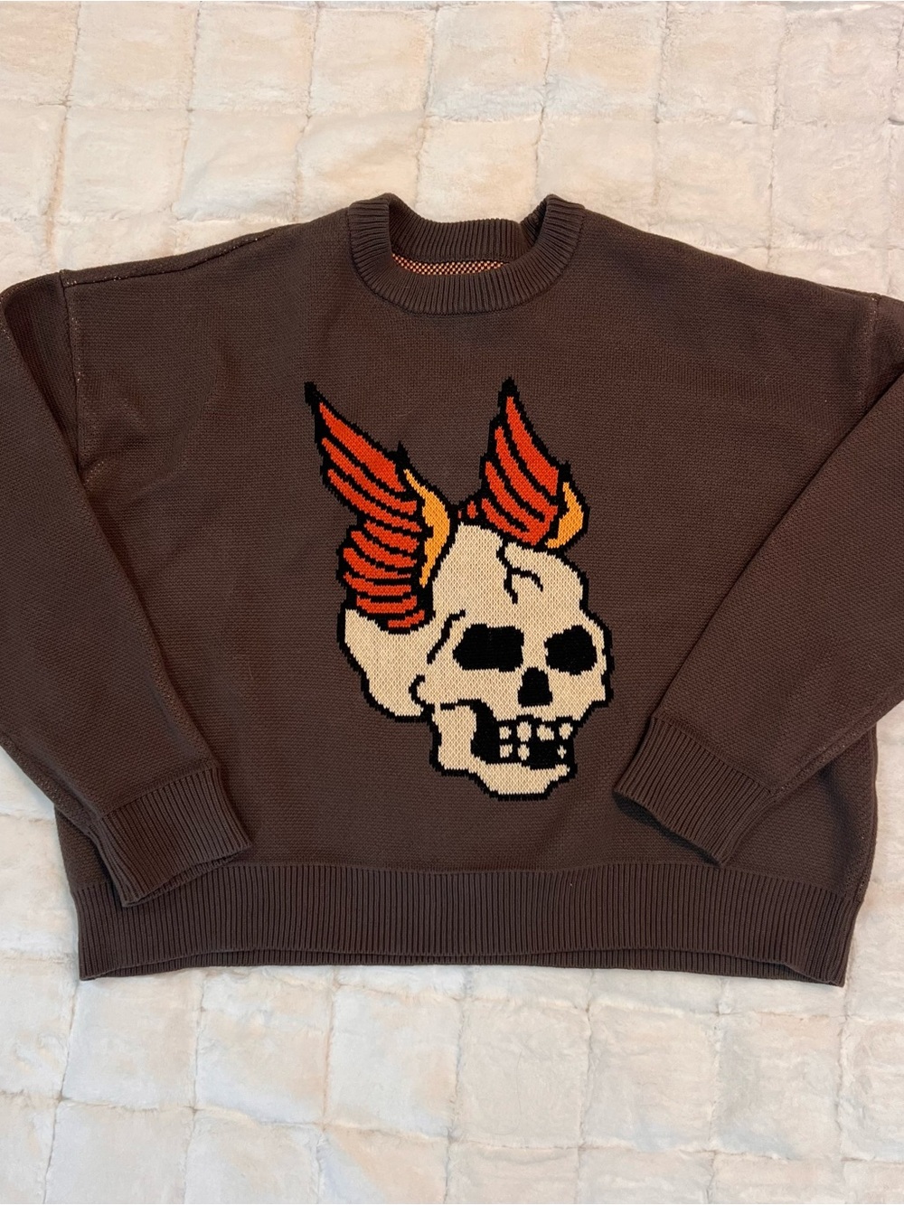PacSun Oversized Brown Crewneck Sweater with Winged Skull Graphic